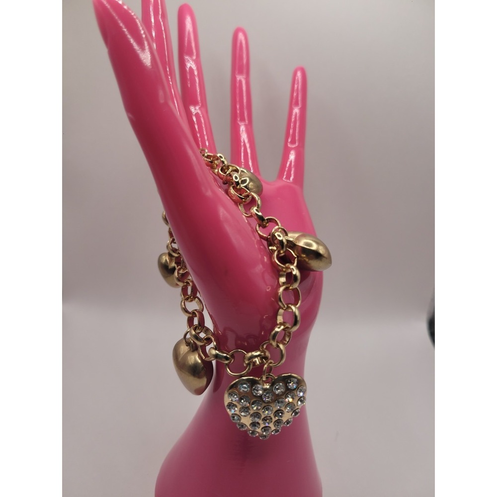 Gold Tone Heart Charm Bracelet Rhinestone Heart‎ Dangle Charms Romantic Fashion